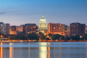 Madison, WI skyline with Capitol at dusk