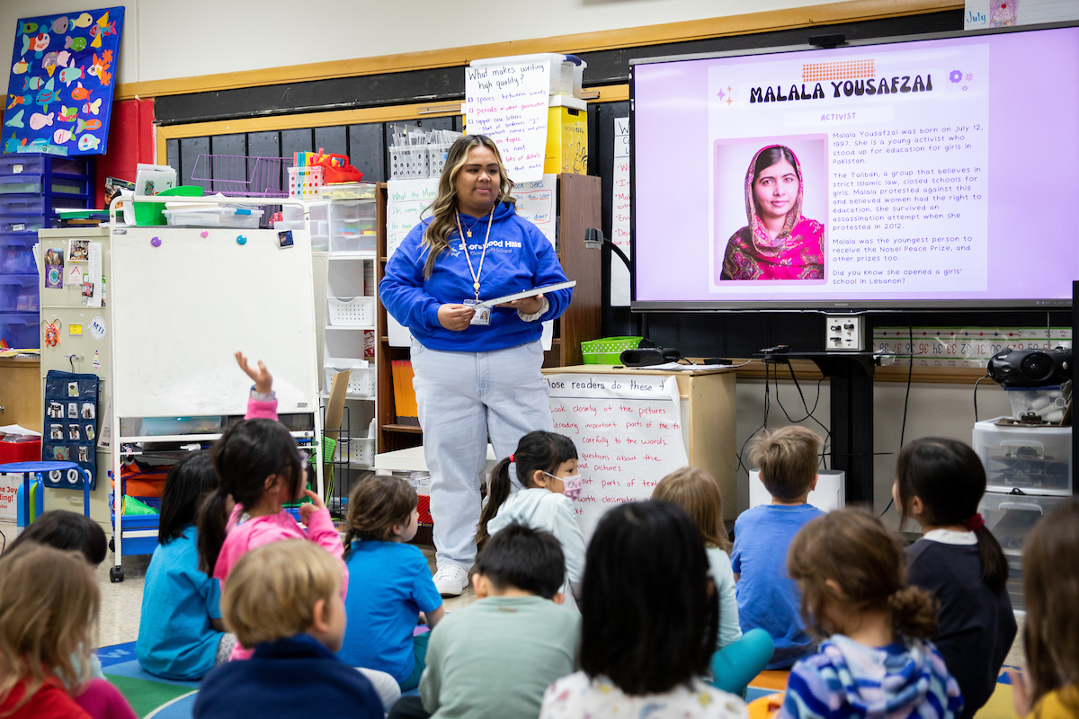 Fourth Grade Teacher from Shorewood showing the class an image of an activist from Pakistan